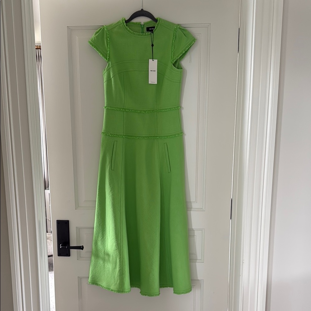 ME+EM “bright fern” cap sleeve textured and fringed Midi Dress